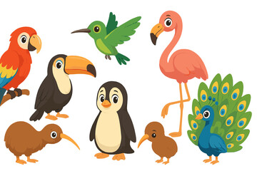 Colorful cartoon birds gathered in various poses depicting their unique traits in a lively tropical setting