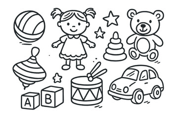 Colorful toys and playful girl in a cheerful children's illustration featuring various play items