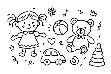 Cute cartoon girl playing with toys including a teddy bear, beach ball, and a colorful stacking ring