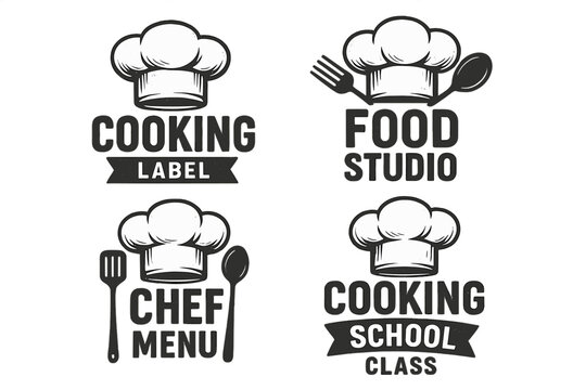 Cooking labels and studio concepts with chef hats and utensils designed for culinary education and food branding