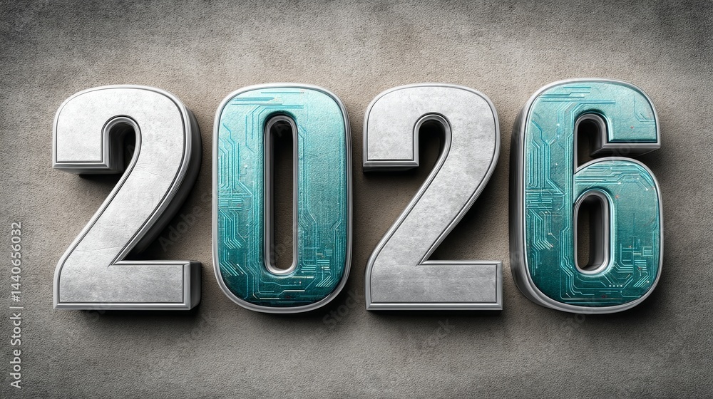Poster futuristic 2026 metallic numbers with circuit texture on concrete background