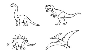 Dinosaurs drawn in a simplistic style show various species in a playful and educational format