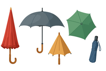 Colorful umbrellas in various shapes and sizes displayed against a white background © icon_art