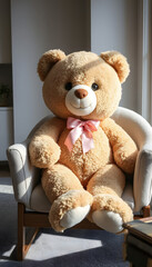 Cute giant teddy bear with pink bow sitting cheerfully on armchair in sunlit cozy room with copy space