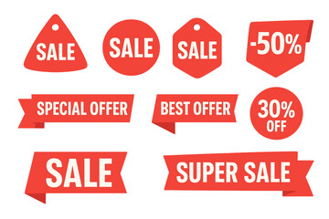 Discount labels and tags for promotional sales events featuring various offers and percentages displayed together