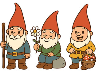 Three cheerful garden gnomes engaging in various activities in a whimsical setting