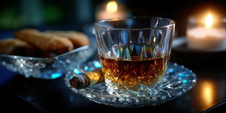 Smooth whiskey in a crystal glass beside a lit candle and tasty snacks in an intimate setting