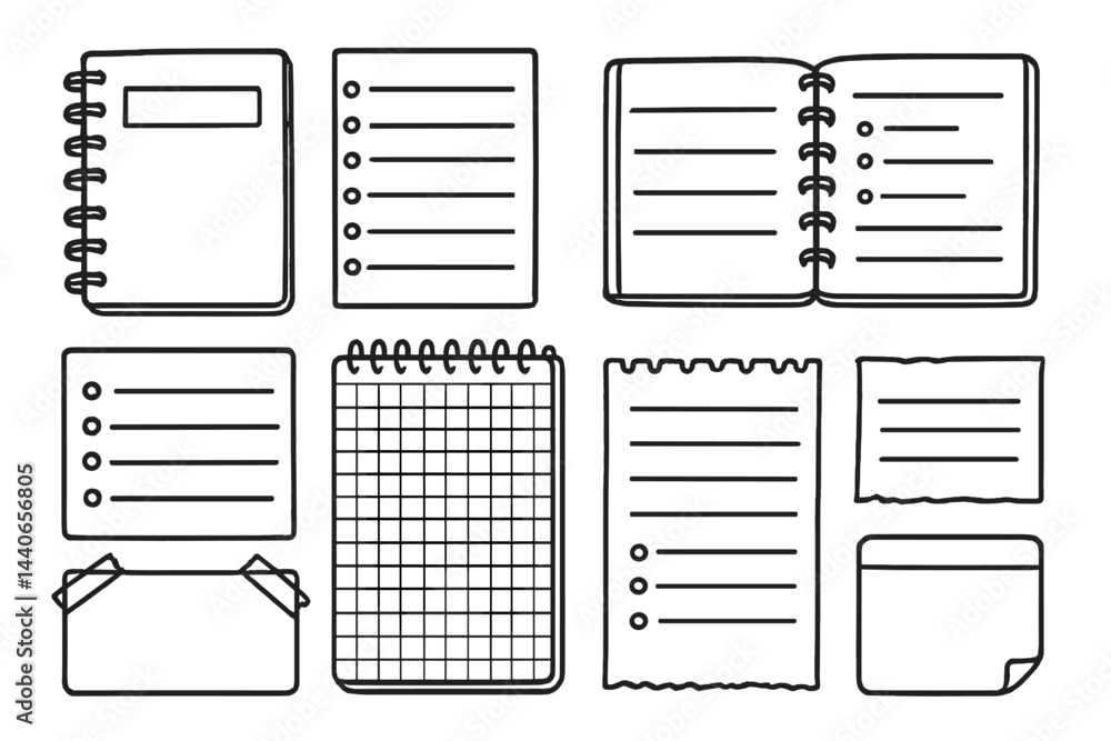 Poster various styles of notebooks and notepads arranged on a flat surface for note-taking and organization