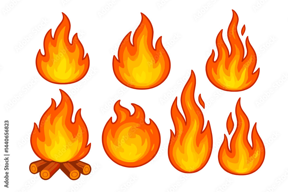 Poster various flame illustrations in different shapes and sizes with a campfire element