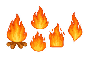 Flames and campfire illustrations depicting various fire shapes in warm colors on a white background