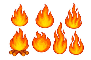 Various flame illustrations in different shapes and sizes with a campfire element