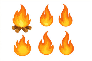 Campfire flames illustrated in various styles showcasing vibrant colors and shapes for design and decoration purposes