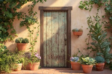 Fototapeta premium Exterior facade of a building with a weathered door and potted plants.