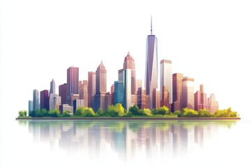 City skyline with water reflection on white background on transparent background