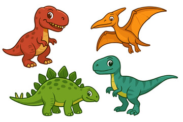 Cute cartoon dinosaurs playfully engaging in a prehistoric adventure in a vibrant, colorful landscape