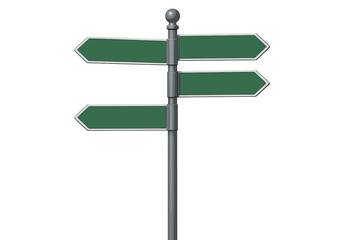 Directional signpost indicating multiple routes with green arrows pointing in different directions in a city center