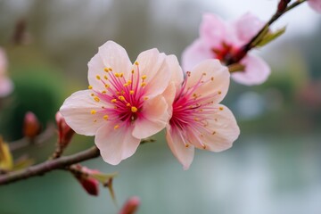 Obraz premium Delicate pink cherry blossoms blooming on branch in tranquil garden setting