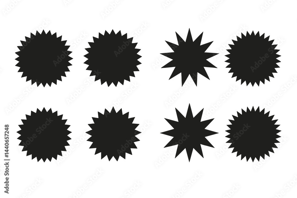 Poster black starburst shapes arranged in a grid pattern on a white background for design purposes