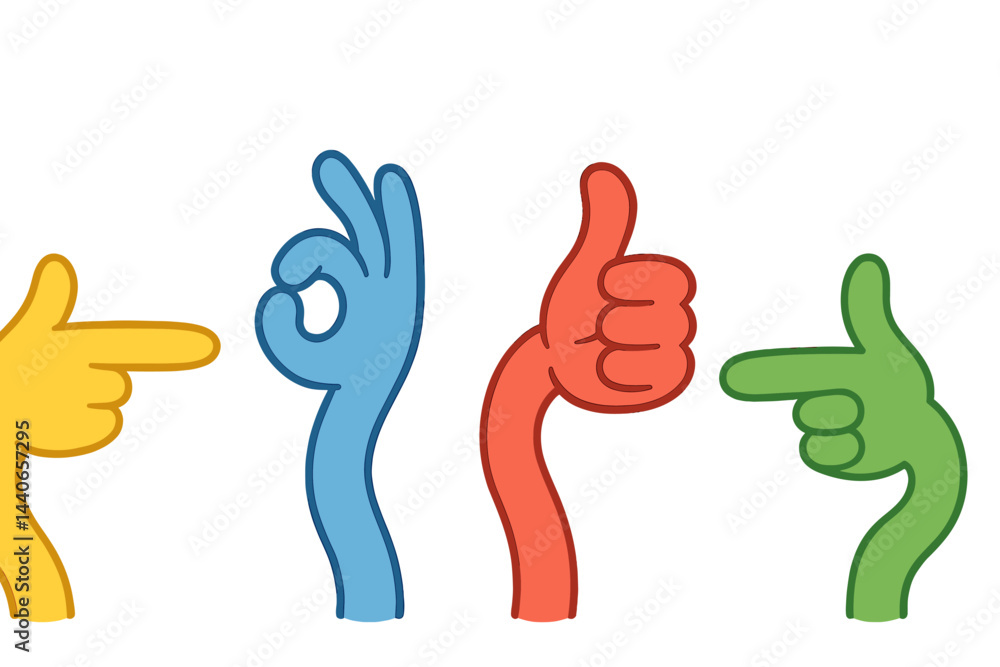 Poster colorful hand gestures representing communication in a playful and vibrant style for different expre