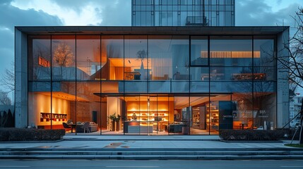 Contemporary shopfront with wide glass windows and a minimalist interior space, on a modern pedestrian street 