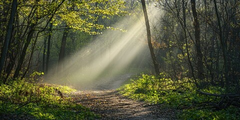 A sunbeam streaming through a leafy canopy in a spring forest.