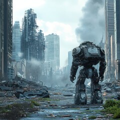 Giant Robot in a Destroyed City Digital Art