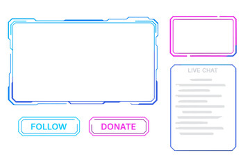 Stream overlay design featuring donation and follow buttons along with a live chat box for online gaming