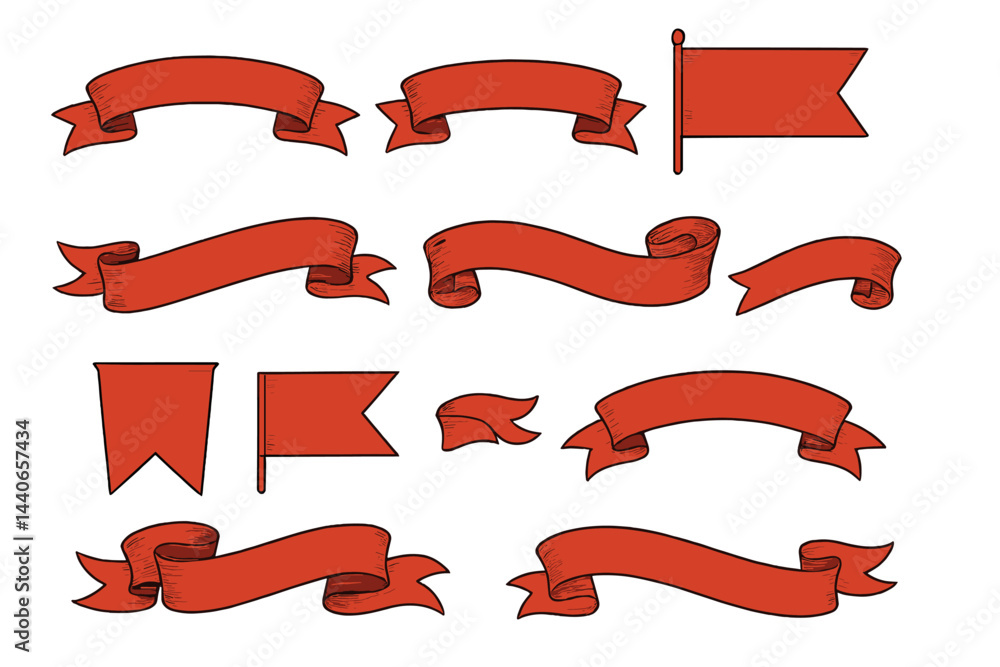 Poster red ribbons and flags in various shapes and styles for creative design use in different projects