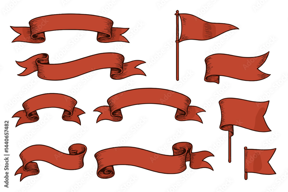 Poster decorative red banners and flags in various shapes and styles for creative projects and designs
