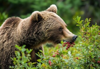 Fototapeta premium Grizzly bear munching on berries in a lush green forest, showcasing wildlife, nature's beauty, and the rich flora and fauna of North America in detail