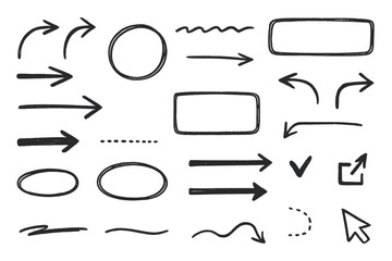 Obraz premium Collection of hand-drawn arrows and shapes for design purposes on white background