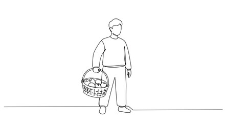 Fototapeta premium Simple line drawing of a person carrying a basket of fruits 