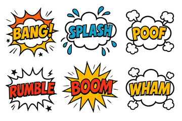 Obraz premium Colorful comic-style sound effects depicted in speech bubbles with dynamic designs and bold lettering