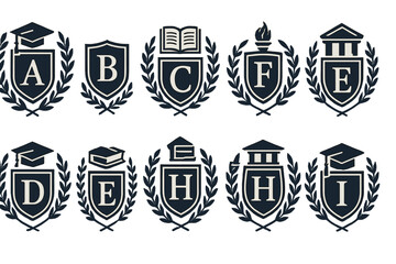 Obraz premium Various educational emblems featuring books, graduation caps, and symbolic icons representing learning and achievement