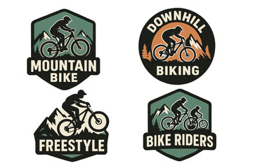 Obraz premium Mountain biking and downhill biking logos featuring riders with mountain backgrounds in a vintage style