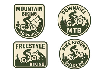 Obraz premium Mountain biking and bike riding in nature with various styles showcased in outdoor badges from a creative design perspective