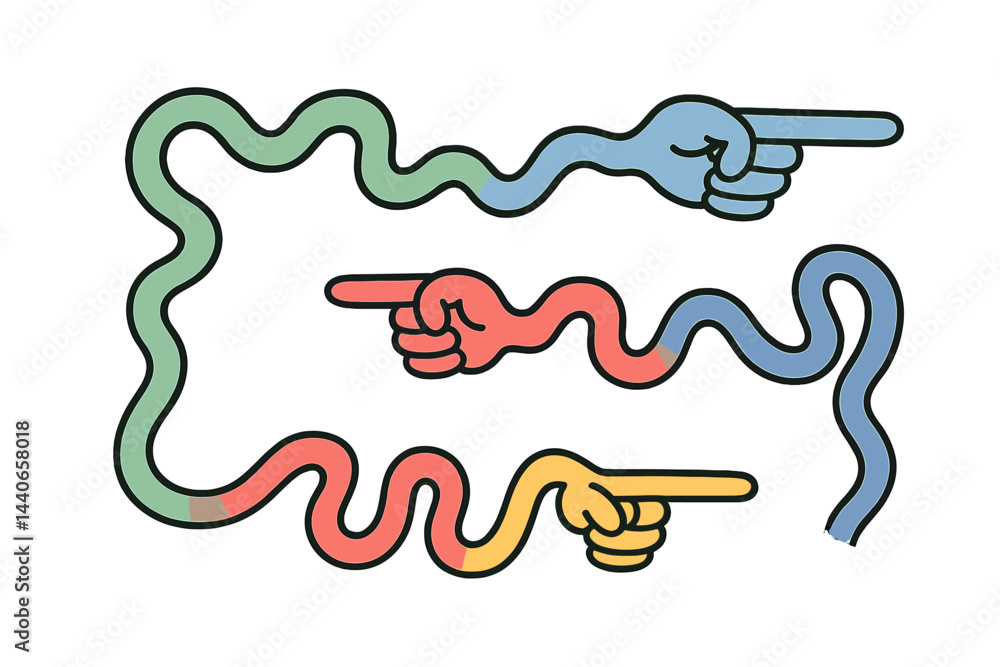 Poster colorful abstract hands pointing in different directions, showcasing creativity and design in a play