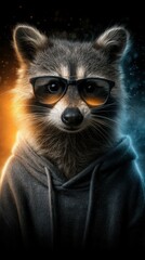 Raccoon in hoodie and sunglasses poses against a vibrant orange and blue backdrop