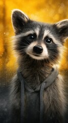 Obraz premium Raccoon wearing a hoodie enjoys a golden autumn day in the forest with a playful expression