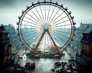Giant Ferris wheel under construction in urban setting