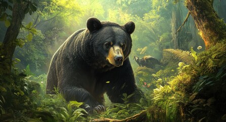 Naklejka premium Majestic Bear Wandering Through Lush Forest Surrounded by Greenery and Sunlight, Capturing Wilderness and Natural Beauty in Captivating Environment