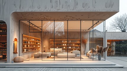 Contemporary shopfront with wide glass windows and a minimalist interior space, soft natural light and neutral color palette 
