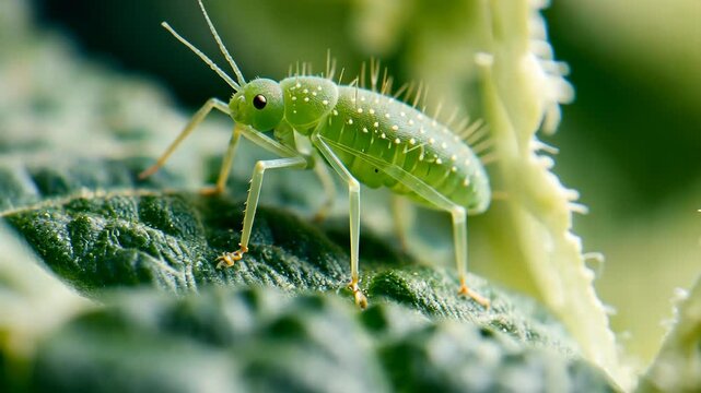 Closeup of green aphid exploring leaf surface with detailed movements