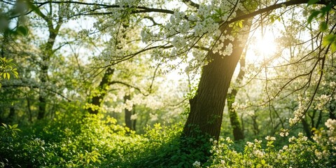 Fototapeta premium Spring Sunlight in Blooming Forest - Serene Atmosphere