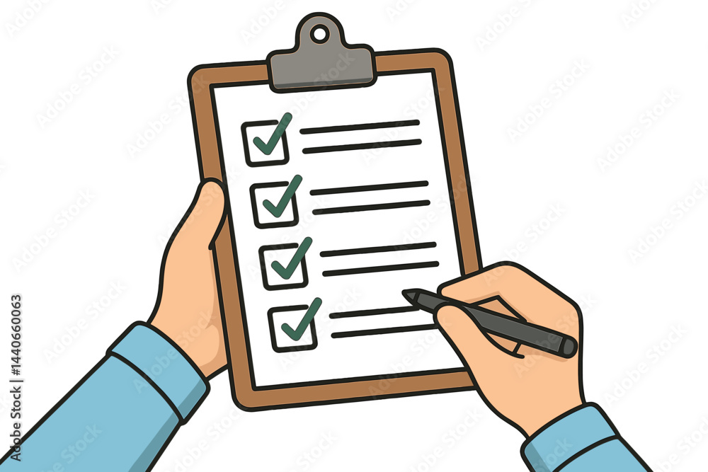 Poster writing a checklist on a clipboard with checkmarks in a modern office environment during daytime