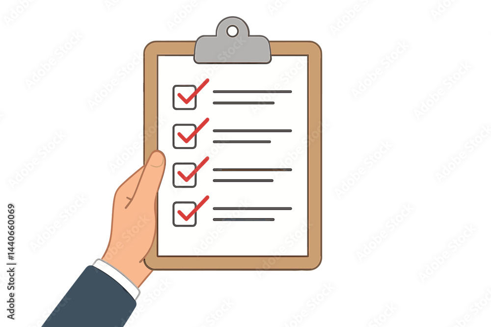 Poster checklist held by a hand indicating completion of tasks or requirements in a professional setting