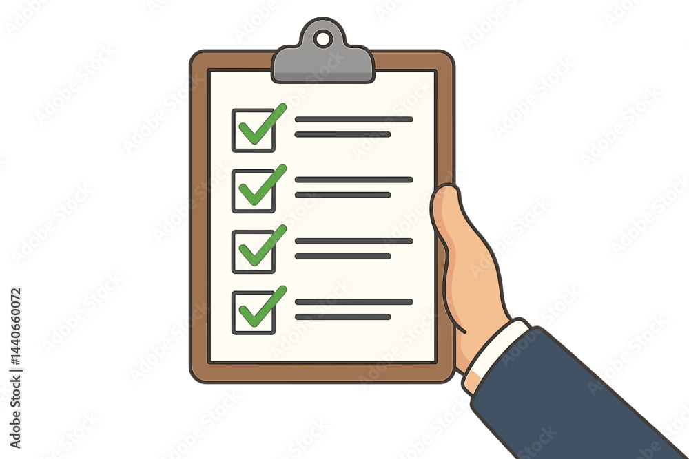 Poster checklist on clipboard with completed tasks marked with green check marks in a business setting