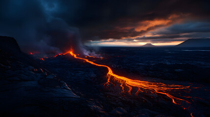 Fototapeta premium Lava streaming down from a volcano, winding through a desolate rocky landscape with darkened skies above.