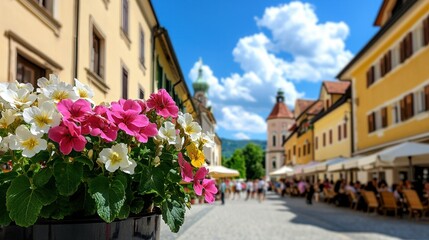Fototapeta premium Hangout Area Concept, Beautiful Town Square with People Enjoying a Sunny Day Surrounded by Historic Architecture and Colorful Flowers