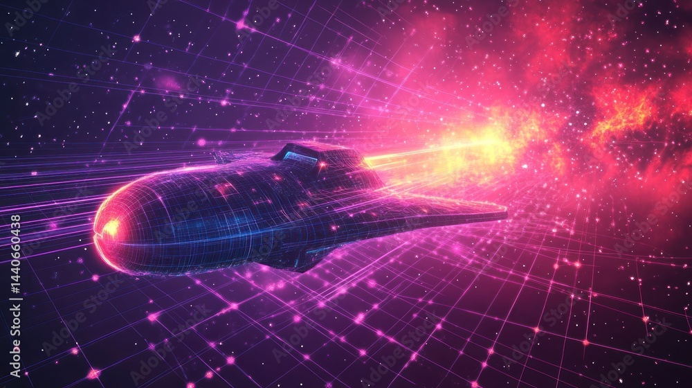 Poster futuristic spaceship traveling through a neon grid network in space.